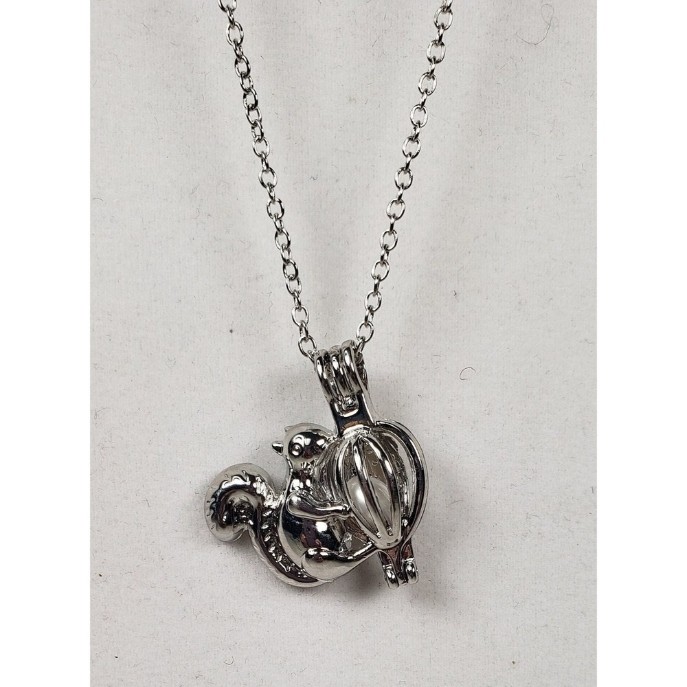 Sqiurrel Pearl Cage Pendant on 18 Inch Silver Tone Chain with Exsention